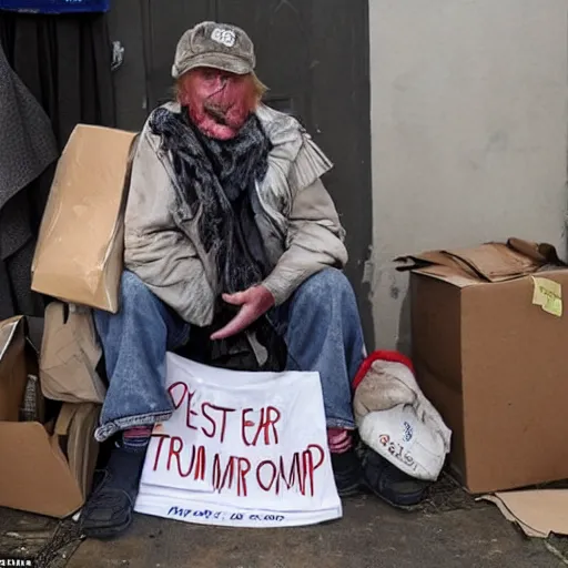 Image similar to donald trump dressed as a homeless man living in the slums