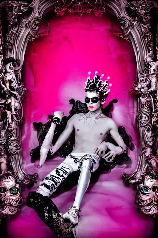 Prompt: full-body rococo and cyberpunk style neon statue of a young attractive Antonio wearing cholo shades macho dotado e rico android sim roupa reclining con las piernas abertas e la piroca dura, ethereal white dripping tar, glowing white lasers, pink tigers, glowing eyes, silver prince crown, black gears, pink diamonds, swirling mint-colored silk fabric. futuristic elements. full-length view. human skulls. large intricate artwork by caravaggio. Trending on artstation, octane render, cinematic lighting from the right, hyper realism, octane render, 8k, depth of field, 3D