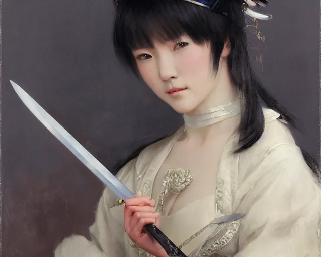 Image similar to a young japanese princess lady with white hair and bangs!!!!, posing with a sword, white hair highly detailed painting by gaston bussiere, craig mullins, j. c. leyendecker 8 k