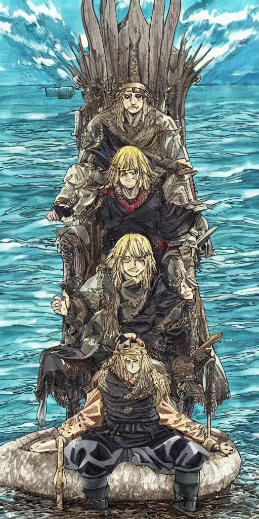 Prompt: a lone king sitting on a throne floating on water in the middle of a lake drawn by Makoto Yukimura in the style of Vinland saga anime, full color, detailed