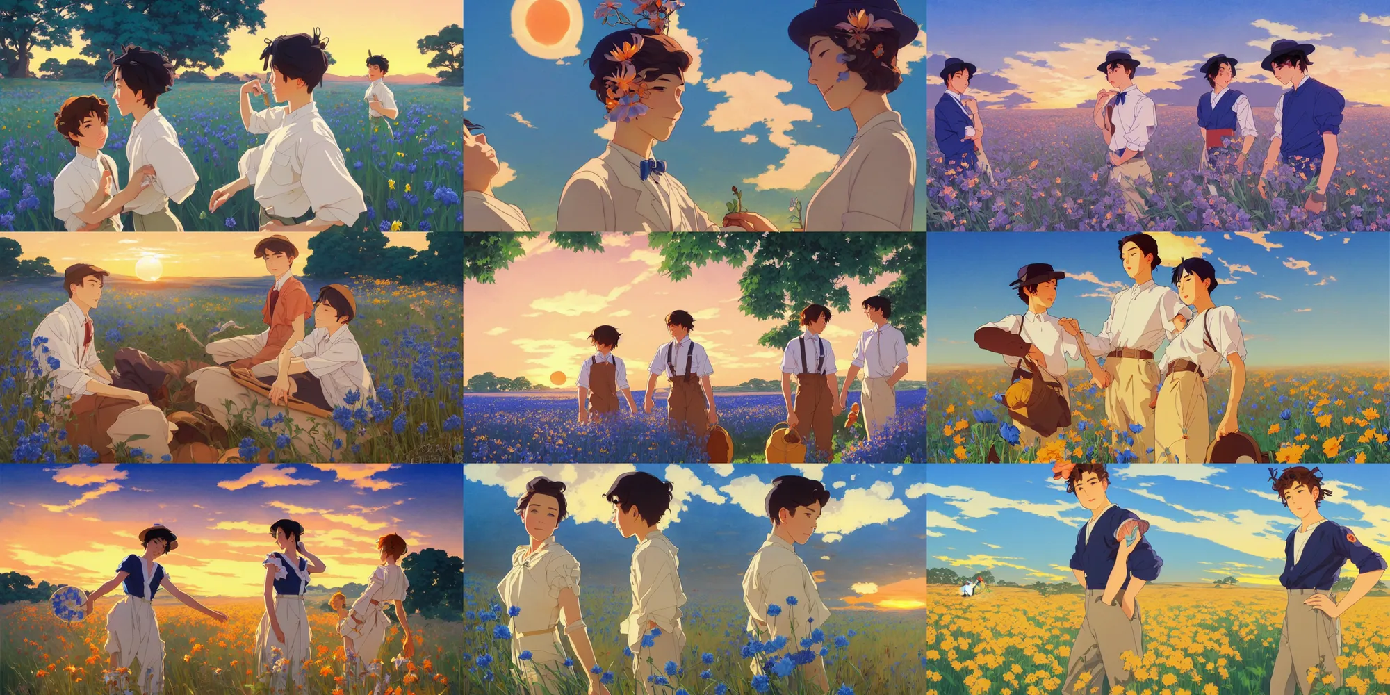 Prompt: sunset, blue flower field, cute boys, in the style of studio ghibli, j. c. leyendecker, greg rutkowski, artgerm