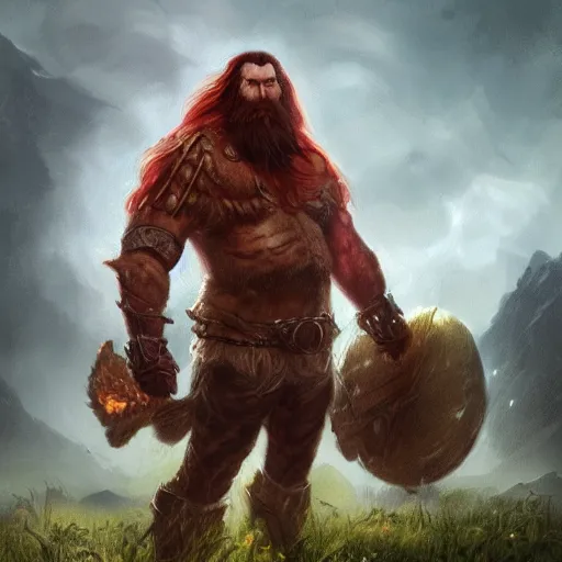 Prompt: a highly detailed portrait of a epic massive fantasy giant with red hair and beard standing ominously in a field concept art