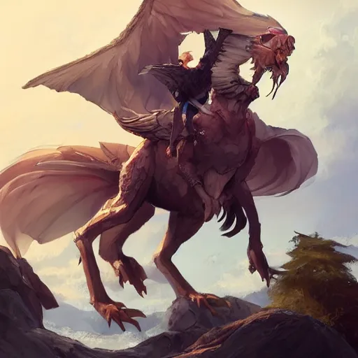 Image similar to Art station concept of a beautiful girl riding a gryphon, symmetrical face, smooth body features, by Stanley Artgerm Lau, WLOP, Rossdraws, James Jean, Andrei Riabovitchev, Marc Simonetti, and Sakimichan, trending on artstation