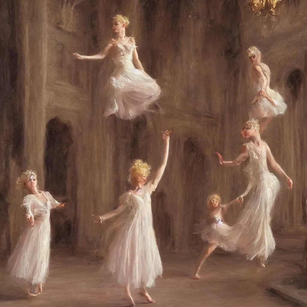 Prompt: a young girl with blond hair danced in the splendid palace, palace dance, dreamy, romantic, night lighting, highly detailed, expressive impressionist style, 8 k