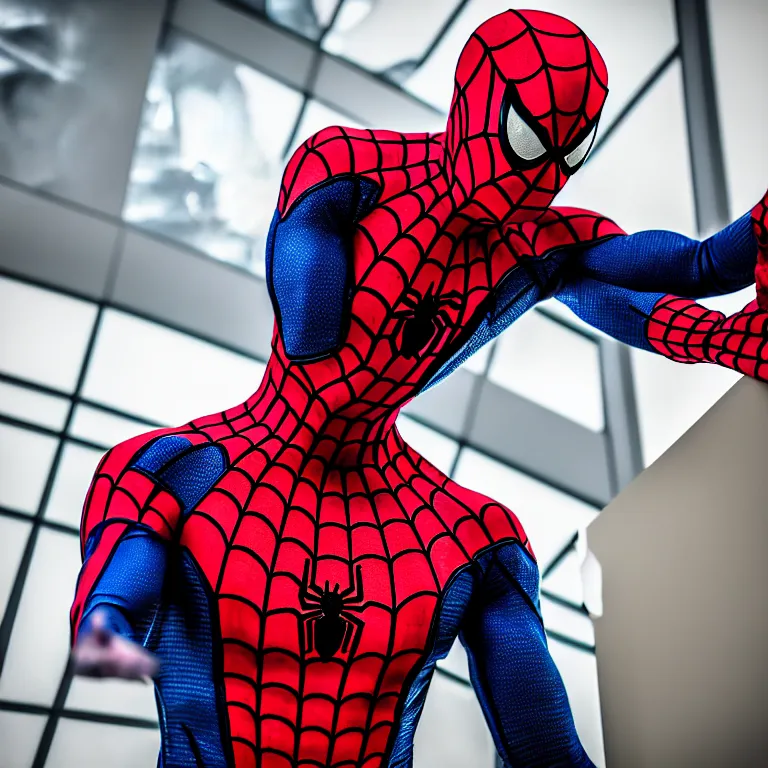 Image similar to spider man suit in a museum, realistic, hdr, dramatic lighting, photo, dslr photo, stunning image