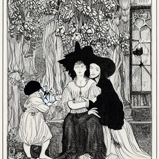 Prompt: goblin market, children on sale, aubrey beardsley, rossetti, detailed, horror, fine art, intricate, highly detailed