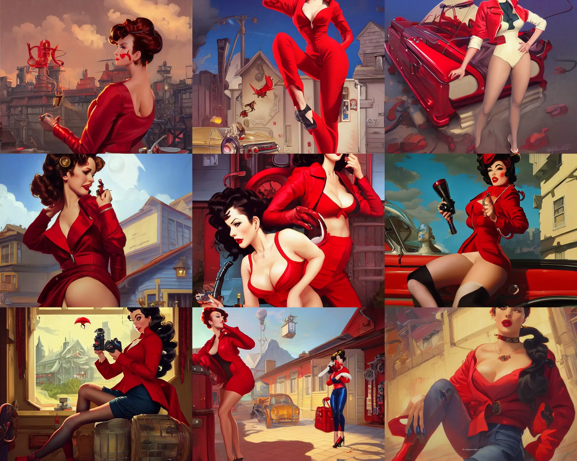 Prompt: red jacket pinup pulp art sits on the garage, old trade shop, deep focus, turnaround, fantasy, intricate, elegant, highly detailed, digital painting, artstation, concept art, matte, sharp focus, illustration, hearthstone, art by rhads artgerm and greg rutkowski and alphonse mucha.