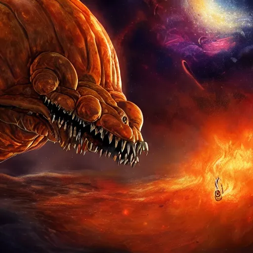 Image similar to one eldritch horror bloody garfield in space, galaxy, hd, 8 k, giant, epic, realistic photo, unreal engine, stars, prophecy, powerful, cinematic lighting, destroyed planet, debris, violent, sinister, ray tracing, dynamic, print, epic composition, dark, horrific, teeth, grotesque, scary, black ink drawing