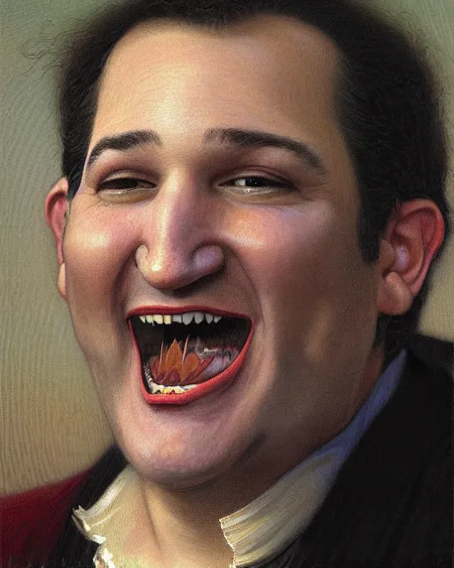 Image similar to closeup portrait of whimsical ted cruz speaking at a convention, court jester in renaissance era, masterpiece, by donato giancola and greg rutkowski and wayne barlow and zdzisław beksinski, high contrast, realistic face