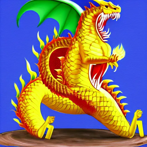 Image similar to Chinese president, bananas, dragon, fight, flaming mountain, fighting stance, painting