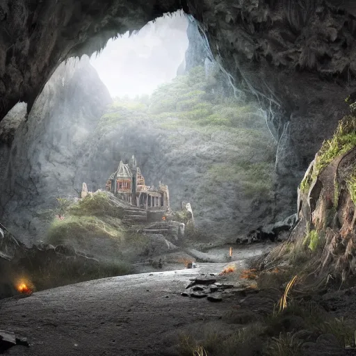 Image similar to perspective and vastness!!!!!, cave with a castle built underground!!!!, the god of small scissors!!, pitchburn devils!, security rhox, sauroform hybrid, forbidding spirit!!, guardian project, hackrobat!!!, cinematic, hyper realistic, detailed, 8k, octane render.