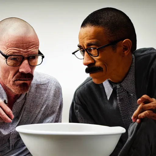 Prompt: Photo of Walter White and Gus Fring taking a bath in baked beans, taken with a Nikon D800.