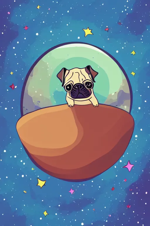 Image similar to planet pug floating in space, art by viktor miller gausa, sticker, colorful, illustration, highly detailed, simple, smooth and clean vector curves, no jagged lines, vector art, smooth