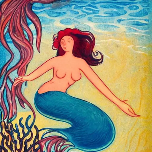 Image similar to A beautiful conceptual art of a mermaid swimming in the ocean. Her long, flowing hair streams behind her as she gracefully navigates the water. A coral reef and colorful fish can be seen in the background. Archean by Leonetto Cappiello