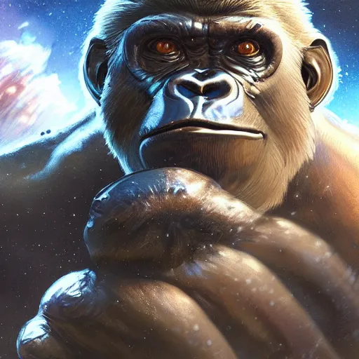 Image similar to detailed science - fiction character portrait of a silverback gorilla shooting a alien gun in space, intricate, wild, highly detailed, digital painting, artstation, concept art, smooth, sharp focus, illustration, art by artgerm and greg rutkowski and alphonse mucha