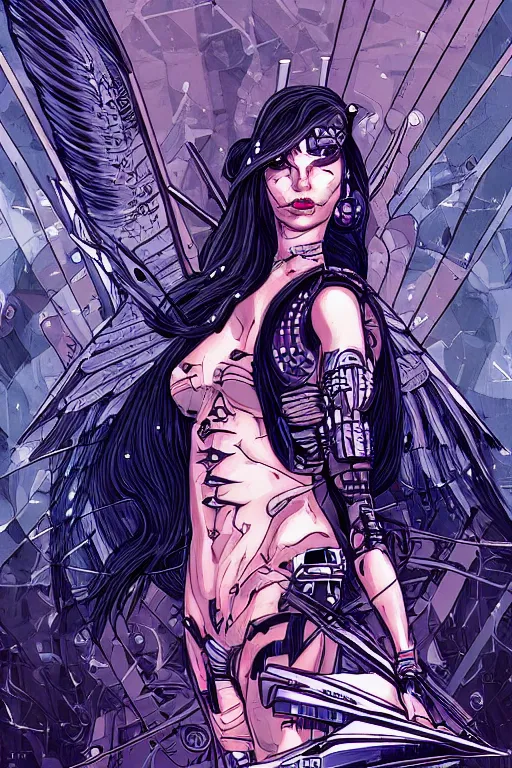 Image similar to cyberpunk valkyrie, in style blend of Botticelli, Möbius and Æon Flux, moonlight, amazing detail, beautiful inking lines, flat colors, 4K photorealistic