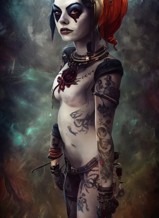 Image similar to underwater dark goth gothic steampunk portrait of emma stone as harley quinn, full moon, hyper detailed, digital art, cinematic lighting, studio quality, smooth render, unreal engine 5, octane rendered, art style by klimt and nixeu and ian sprigger and krenz cushart.