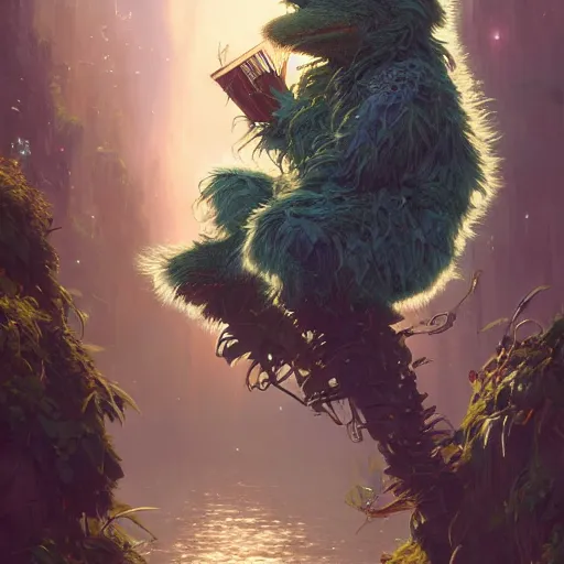 Image similar to highly detailed portrait of oscar the grouch with long hairs, stephen bliss, unreal engine, fantasy art by greg rutkowski, loish, rhads, ferdinand knab, makoto shinkai and lois van baarle, ilya kuvshinov, rossdraws, tom bagshaw, alphonse mucha, global illumination, radiant light, detailed and intricate environment