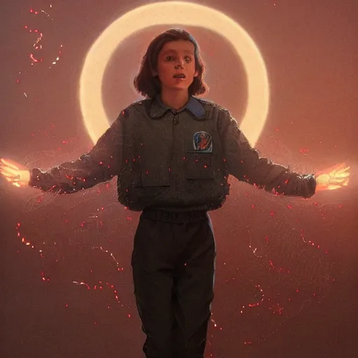 Prompt: Millie Bobby Brown from Stranger Things facing the camera with her hand outstretched with things floating all around her, fullbody, intricate, highly detailed, artstation, concept art, smooth, sharp focus, illustration, art by greg rutkowski and orientalism and bouguereau and Zdzislaw Beksinski, good clear quality, lighting, biology, symmetrical artwork, perfect face, 135 mm, cinematic, hyper realism, high detail, octane render, 8k, chrome accents