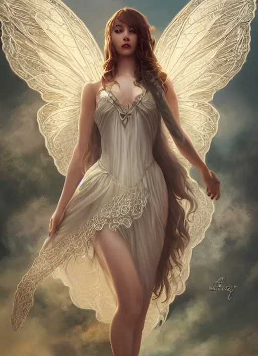 Image similar to full body portrait of a beautiful fairy women with wings of lace, by artgerm, sunny day, highly detailed, perfect lighting, perfect composition, symmetry, detailed features, 4 k, by alan lee, by derek zabrocki, by greg rutkowski