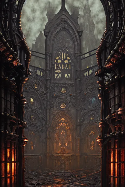 Image similar to steam necropolis, memento mori, gothic, neo - gothic, art nouveau, hyperdetailed copper patina medieval icon, stefan morrell, philippe druillet, ralph mcquarrie, concept art, steampunk, unreal engine, detailed intricate environment, octane render, moody atmospherics, volumetric lighting, ultrasharp, ominous, otherworldly