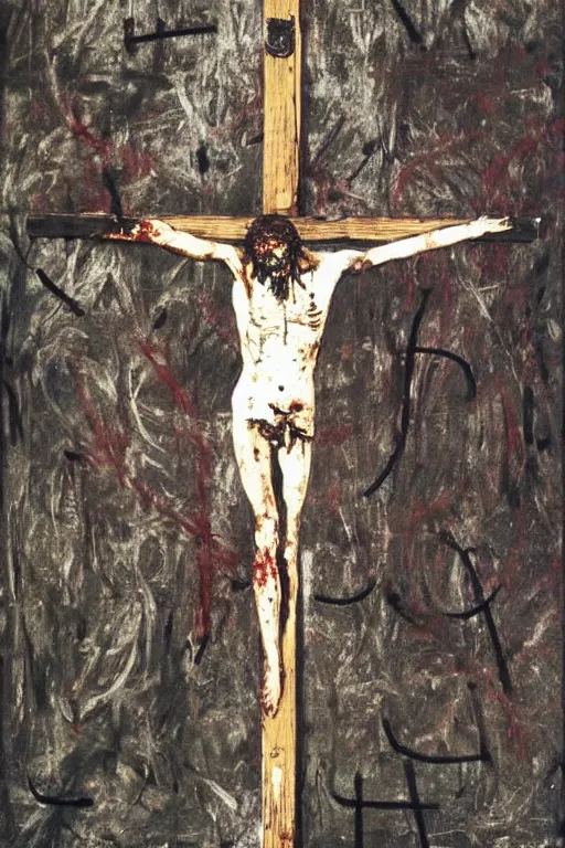 Image similar to bloody christ crucified on a very big mushroom painted in by cy twombly and andy warhol