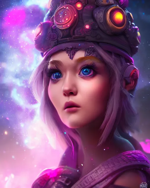 Image similar to ultradetailed rpg character portrait of a cute nebulapunk witch, digital art,, intricate, sharp focus, trending on artstation hq, deviantart, volumetric lighting, unreal engine, octane render