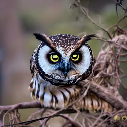 Prompt: owl mixed with black widow spider, hybrid creature, macro lens, bokeh, kodak color film stock