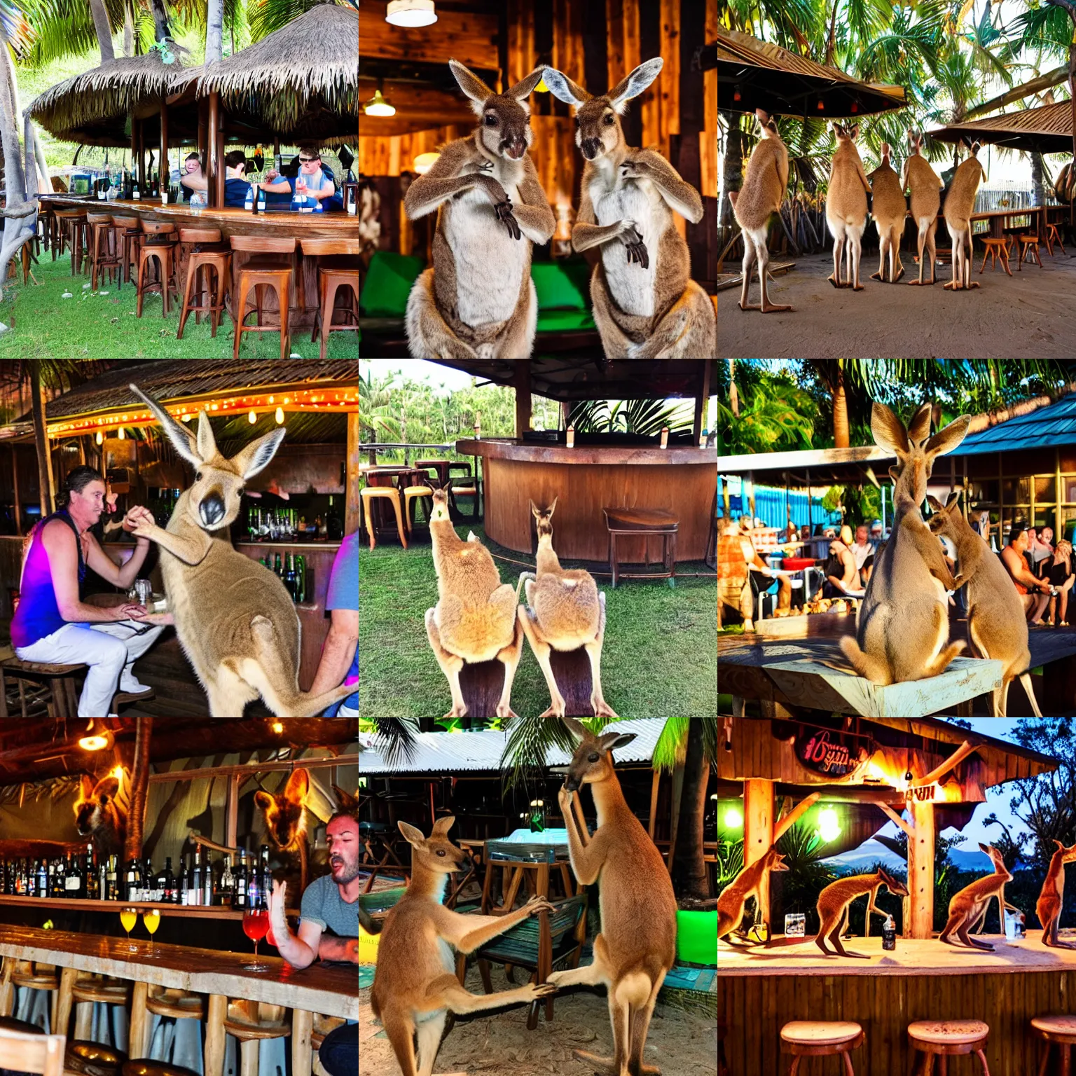 Prompt: drunk kangaroos at a tiki bar