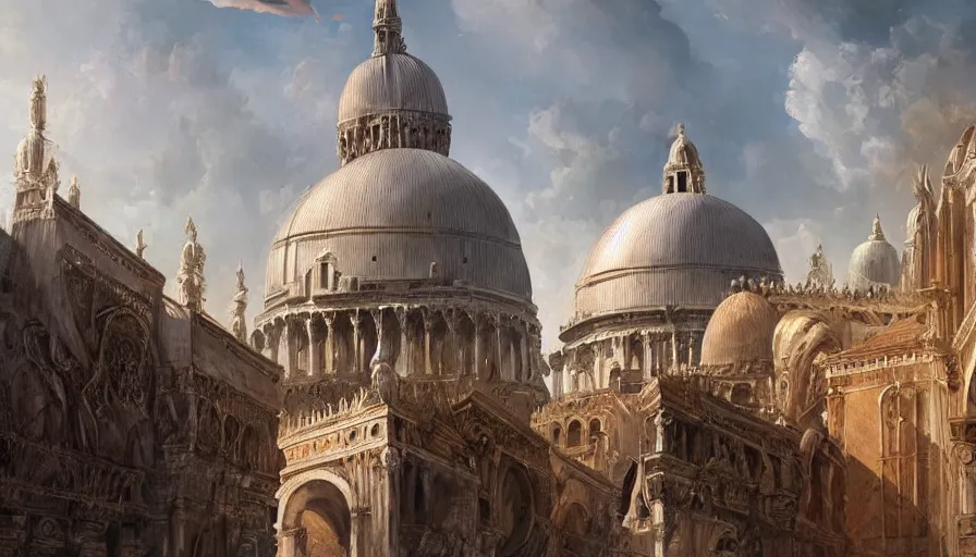 Image similar to an alien ufo spaceship landing on renaissance italy venice city landscape with beautiful temples by greg rutkowski, artgerm, ross tran, magali villeneuve, intricate, time travel theme, audince in awe, sorrounded, award winning