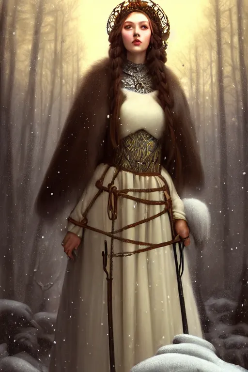 Image similar to nostalgia for a fairytale, nordic, snowing, medieval maiden dressed in furs, long hair, tall and thin, illustration, dramatic lighting, soft details, painting, art nouveau, octane render, 8 k, hd, by edmund blair leighton, brom, charlie bowater, faces by otto schmidt