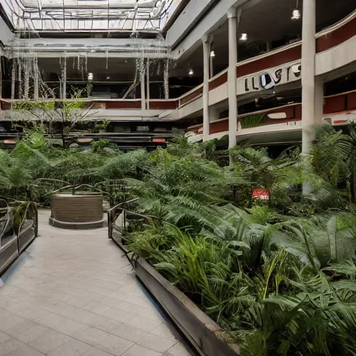 Prompt: lush forest fills a liminal abandoned mall