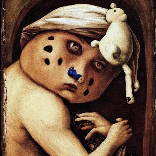 Image similar to the Pillsbury Dough boy dressed as a gothic emo with black eyeliner on his eyelids in the style of a renaissance painting.