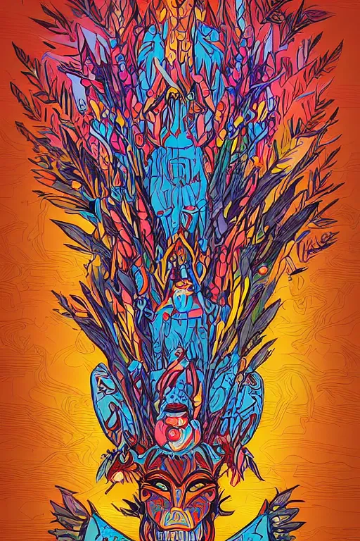 Image similar to animal mask totem roots flower tribal feather gemstone plant wood rock shaman vodoo video game vector cutout illustration vivid multicolor borderlands comics by josan gonzales and dan mumford radiating a glowing aura