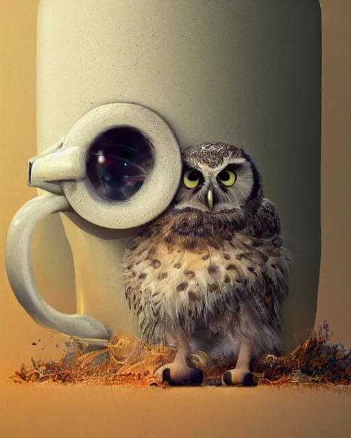 Image similar to long shot of a very cute owl chick nesting in a futuristic mug, esao andrews, humorous illustration, hyperrealistic, big depth of field, warm colors, whimsical cosmic night scenery, low light, 3 d octane render, 4 k, concept art, hyperdetailed, hyperrealistic, trending on artstation