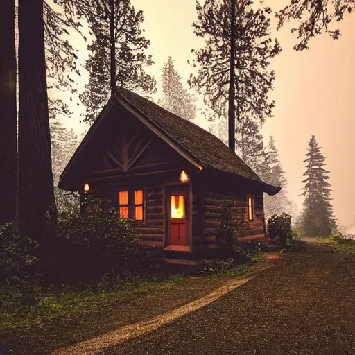 Prompt: small wooden cottage in the forest at night, smoke coming out of the chimney, night, dark, nocturnal, redwood trees, peaceful, river running past the cottage, a wooden rowing boat, galaxy in the night sky, by stephen king