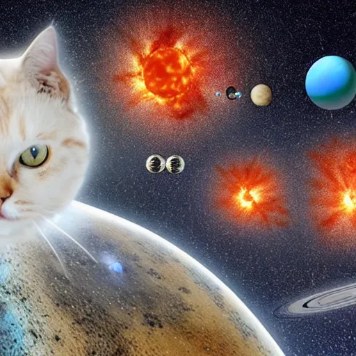 Image similar to the solar system exploded and a cat was blown away