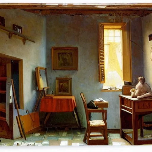 Image similar to a cozy little office nook with a cat in it, dmitry spiros, leonardo da vinci, jacques - louis david, johannes vermeer, 8 k, wide angle,