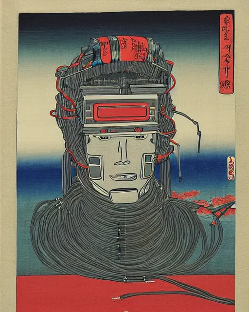 Image similar to Hiroshige portrait of a robot saint made of cables and robotic pod