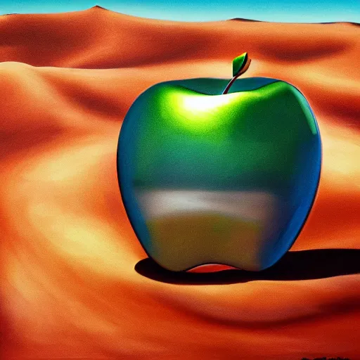 Prompt: airbrush painting of a chrome plated apple in the desert