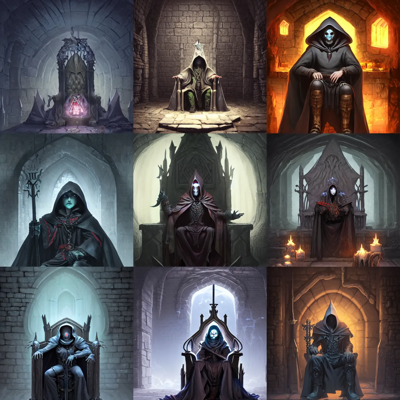 Prompt: wizard necromancer sitting on a throne inside dungeon crypt, wearing a dark hood and eyes covered, gray stone wall behind him by Stanley Artgerm Lau, WLOP, Rossdraws, James Jean, Andrei Riabovitchev, Marc Simonetti, and Sakimichan, Unreal Engine