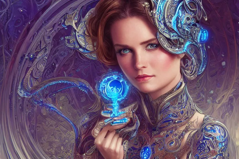 Prompt: a pretty woman with glowing blue eyes made of liquid metal surrounded by an environment designed by Joe Fenton, fog, volumetric lighting, intricate, elegant, highly detailed, digital painting, artstation, concept art, smooth, sharp focus, art nouveau, art by artgerm and raymond swanland and alphonse mucha