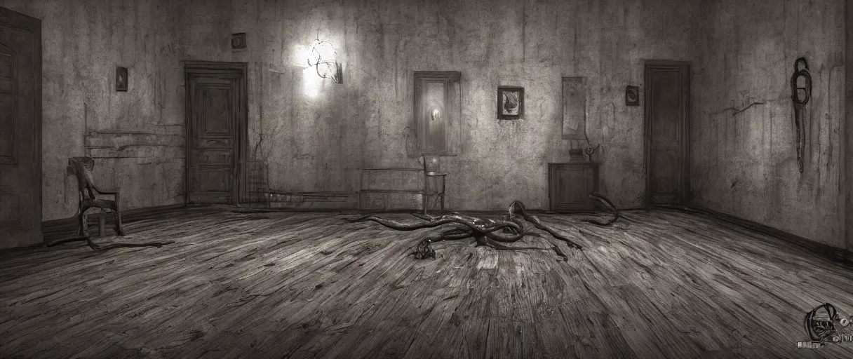 Image similar to a dark old room, silent hill tentacle creatures from the darkest realm of the soul, old wood floors, small windows with moonlight, surrealcore, hellcore, slithercore, 4 k by oleg vdovenko, pascal blanche