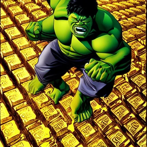 Prompt: hulk standing on top of a pile of gold bars, ultra detailed, hdr, 8 k, joe jusko