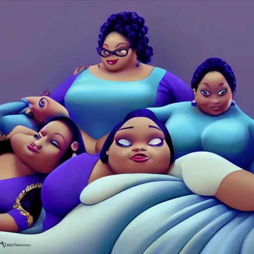 Image similar to stunning, coherent, beautiful painting, still of a group of bbw models taking a picture of each other posing in the same bed , they are all laying down , 3d, in the style of pixar, smooth, 3d, highly detailed, highly detailed, sharp focus, bokeh, depth of field, 16k resolution, Unreal Engine 5, coherent, cinematic lighting, photorealistic