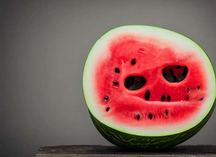 Image similar to photo still of a watermelon with human eyes and mouth, 8 k, studio lighting bright ambient lighting key light, 8 5 mm f 1. 8