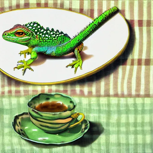 Prompt: a green eastern collared lizard bathing in a white porcelain teacup full of lava on a gingham tablecloth