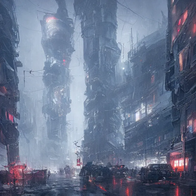 Image similar to cyberpunk depiction of the city of gdansk during arctic conditions by greg rutkowski