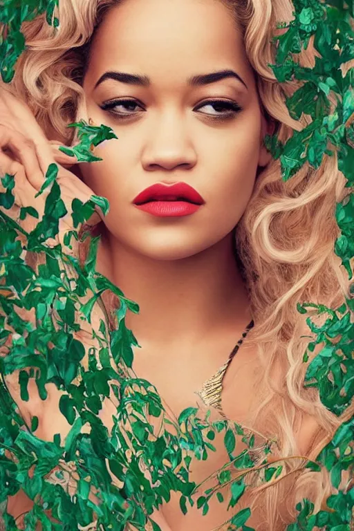 Image similar to photo of rita ora in the style of stefan kostic, realistic, half body shot, sharp focus, 8 k high definition, insanely detailed, intricate, elegant, art by stanley lau and artgerm, extreme bokeh light spring foliage