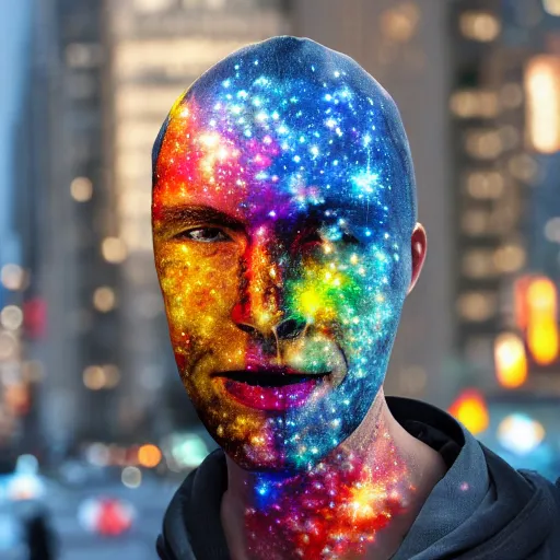 Image similar to an 8 k hi res photo of a man in a mirror full face mask paints a galaxy on a busy ny street